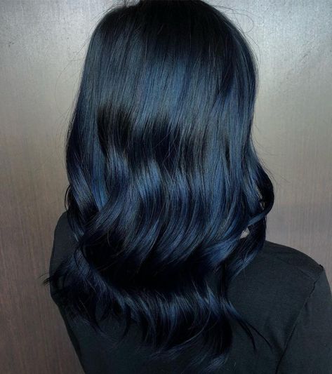 Deep Blue Highlights On Dark Hair, Cool Black Hair Color, Short Blue Black Hair, Dark Black Hair Color Ideas, Shades Of Black Hair Color, Deep Blue Hair Color, Swan Hairstyle, Black Hair Shades, Cool Black Hair