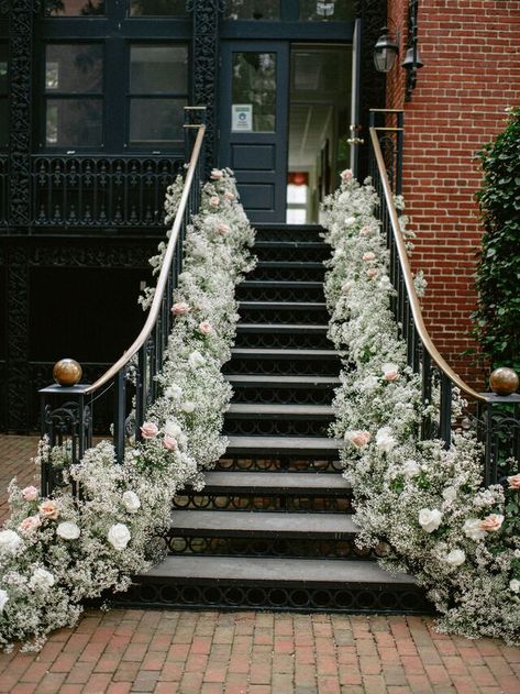 Brownstone Townhouse, Romantic Courtyard, Wedding Stairs, Wedding Staircase, Wedding Flower Trends, Wedding Checklists, Floral Arch Wedding, Aisle Flowers, Beautiful Wedding Venues