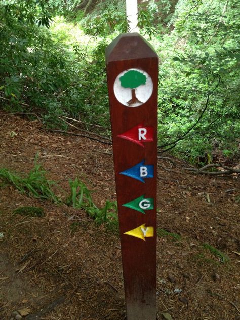 colorful, cryptic confidence marker trail sign Trail Markers Ideas, Hiking Trail Signs Diy, Nature Trail Signs, Trail Marking, Trail Signage, Hiking Signs, Trail Markers, Big Basin, Eagle Project