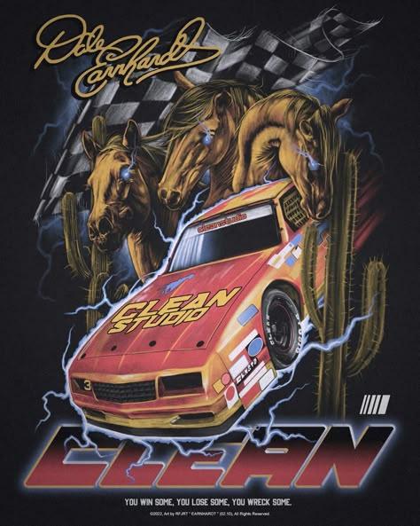 Nascar Graphic Design, Vintage Nascar Shirts, Nascar Design, Harley Davidson Artwork, Retro Artwork, Modern Streetwear, Do Cute, Metal T Shirts, Horse Race