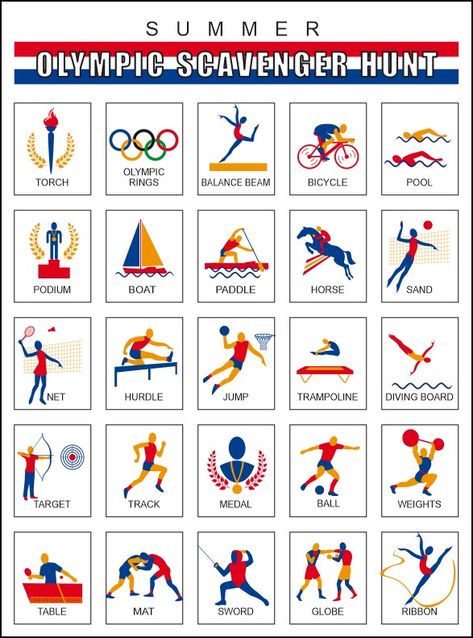 Print out a Summer Olympics Scavenger Hunt for each of the kids and see the excitement build as they look forward to all the events. You can use the Olympi Olympic Themed Activities, Summer Olympics Crafts, Summer Olympics Party, Summer Olympics Activities, Vbs Olympics, Preschool Olympics, Olympic Theme Party, Olympic Games For Kids, Events For Kids