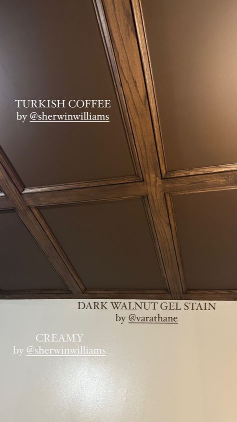 Wood Inset Ceiling, Dark Plank Ceiling, Brown Walls And Ceiling, Moody Coffered Ceiling, Painted Ceiling In Kitchen, Cherry Wood Ceiling, Brown Ceiling White Walls, Wallpaper Coffered Ceiling, Kitchen Painted Ceiling