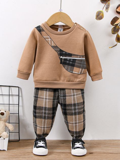 Multicolor  Collar Long Sleeve  Plaid  Embellished Slight Stretch Fall Baby Clothing Baby African Clothes, Boys Winter Clothes, T Shirt Sewing Pattern, Boys Tracksuits, Fall Baby Clothes, Designer Baby Clothes, Fashion Top Outfits, Boys Plaid, Fall Baby