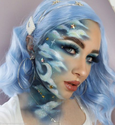 Luna Cosplay, Mountain Portrait, Air Makeup, Face Paint Makeup, School Makeup, Moon Painting, Creative Eye Makeup, Creative Eye, Blue Moon