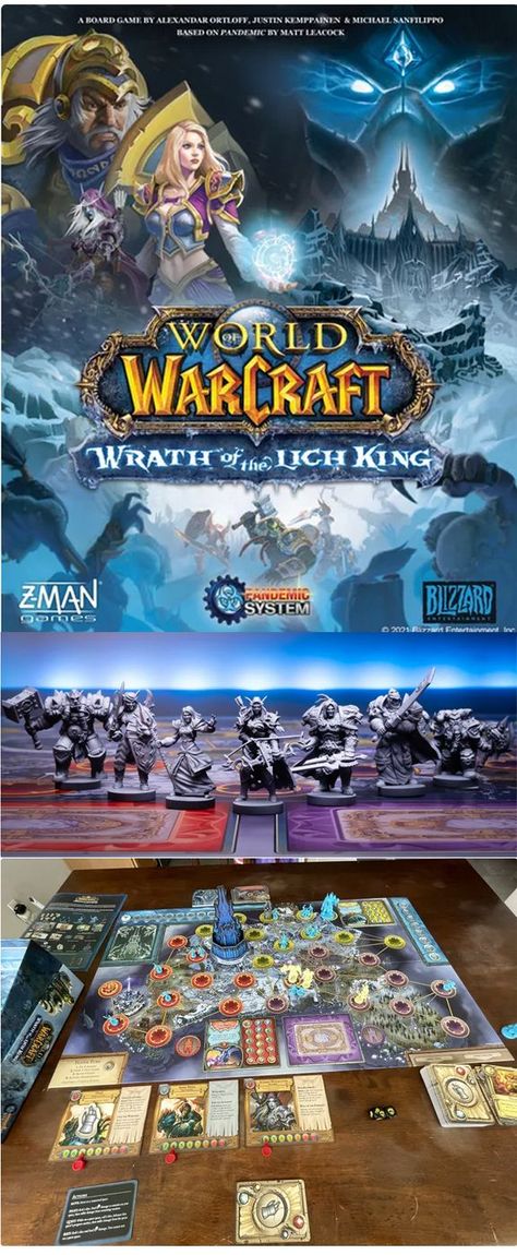 In World of Warcraft: Wrath of the Lich King, players journey to the frozen continent of Northrend to face the armies of the Lich King. This "Pandemic System" game showcases familiar mechanisms and gameplay, now tweaked to embrace the setting of the Wrath of the Lich King. Forts, temples, battlegrounds, and more populate the game board as you and your fellow heroes journey across the cold landscape. Along the way, you'll set up strongholds, complete quests, and do battle with legions of undead. Cold Landscape, Wrath Of The Lich King, The Lich King, The Lich, Lich King, Fun Board Games, Hero's Journey, Game Board, World Of Warcraft