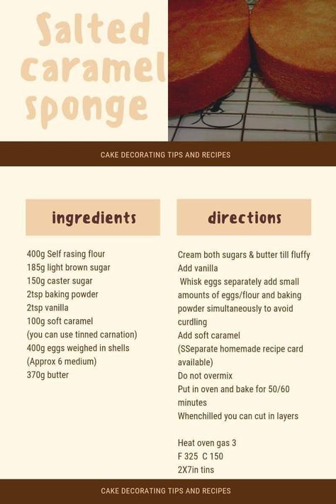 Caramel Sponge Cake Recipes, Sponge Cake Recipe, Sponge Cake Recipes, Soft Caramel, Just Bake, Gas Oven, Egg Whisk, Recipe Card, Cake Decorating Tips