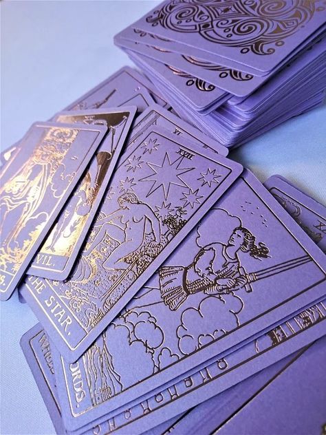 Pink Tarot Cards, Tarot Cards Decks Beautiful, Oracle Cards Decks, Purple Cards, Lavender Amethyst, Tarot Cards Art, Gold Aesthetic, Rider Waite, Tarot Card Decks