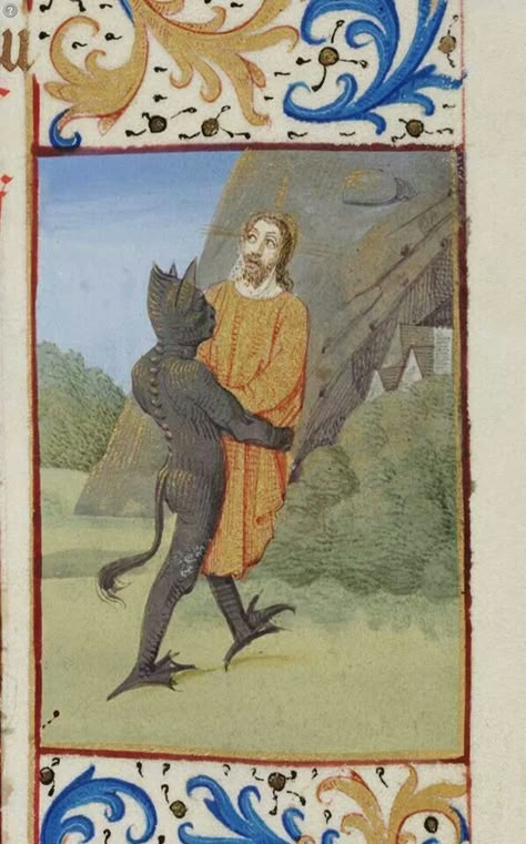 Free hugs. . Temptation of Christ. The Fouquet missal Missal, ca. 1470-75, Beinecke MS 425, f. 48r, Yale University Beinecke Rare Book & Manuscript Library. http://brbl-zoom.library.yale.edu/viewer/1055558 Medieval Drawings, Medieval Artwork, Medieval Paintings, Book Of Hours, Medieval Manuscript, Illuminated Manuscripts, Illuminated Manuscript, Medieval Art, Dark Ages