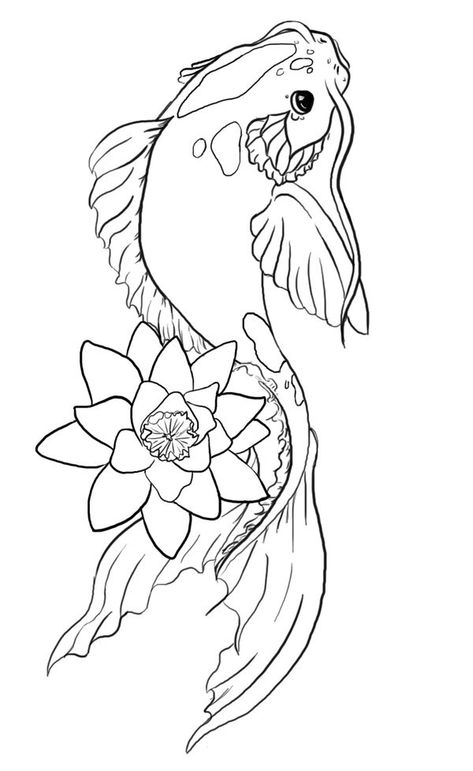 Lovely outline koi fish tattoo design and flower by Mercy Murrain Coy Fish Drawing Simple, Koy Fish Draw, Koi Fish Drawing Tattoo, Koi Fish Illustration, Koi Fish Colors, Karp Koi, Fish Outline, Coy Fish, Koi Fish Drawing