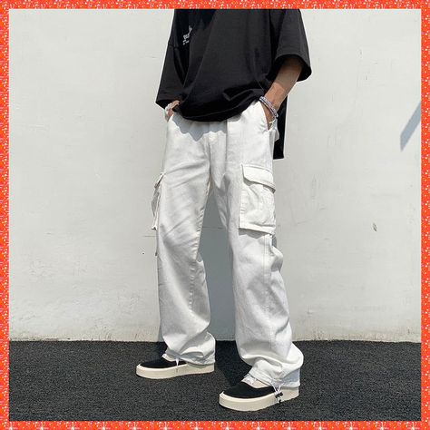 Straight Wide Leg Pants, Korean Pants, White Pants Casual, Pocket Cargo Pants, White Pants Outfit, White Cargo Pants, Pants Outfit Men, Casual Pants Style, Sweatpants Style