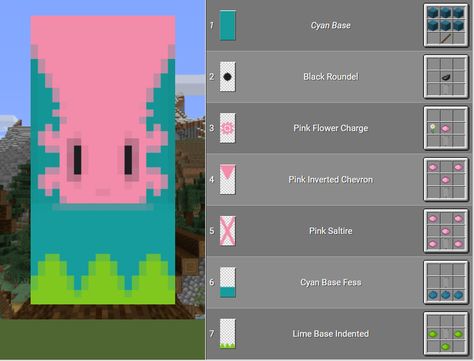 Minecraft Banner Ideas Step By Step, Cute Banners Minecraft, Banner Design Minecraft, Axolotl Minecraft, Cool Minecraft Banners, Minecraft Banner Patterns, Minecraft Axolotl, Banner Patterns, Minecraft Banner