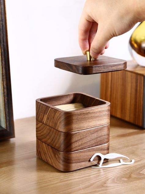 This stacked black walnut wooden box is perfect for organizing small items such as toothpicks. Its sleek design adds a touch of elegance to any space while its functionality helps keep things tidy. Made from high-quality black walnut wood Material:Black WanlutSize:9.6cm(L)*9.6cm(W)*12.2cm(H) (1 inch=2.54cm) Small Wood Box Ideas, Wood Jewelry Box Ideas, Small Wood Boxes, Wood Box Diy, Small Wooden Storage, Wood Retaining Wall, Wood Box Design, Walnut Jewelry, Wood Stacking