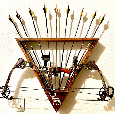 DIY Archery Bow Display made from reclaimed wood! Bow And Arrow Wall Mount, Bow And Arrow Holder, Archery Stand, Homemade Bow And Arrow, Wooden Bow And Arrow, Diy Archery, Arrow Holder, Diy Bow Holder, Bow Rack