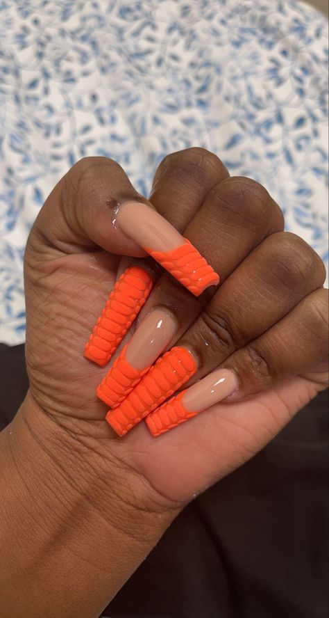 Orange Nail Ideas Acrylic, Orange White Nails, Senior Nails, Trendy Orange Nails, Orange French Tip Nails, Orange French Tip, Tapered Coffin, Orange Ombre Nails, Orange Acrylic Nails