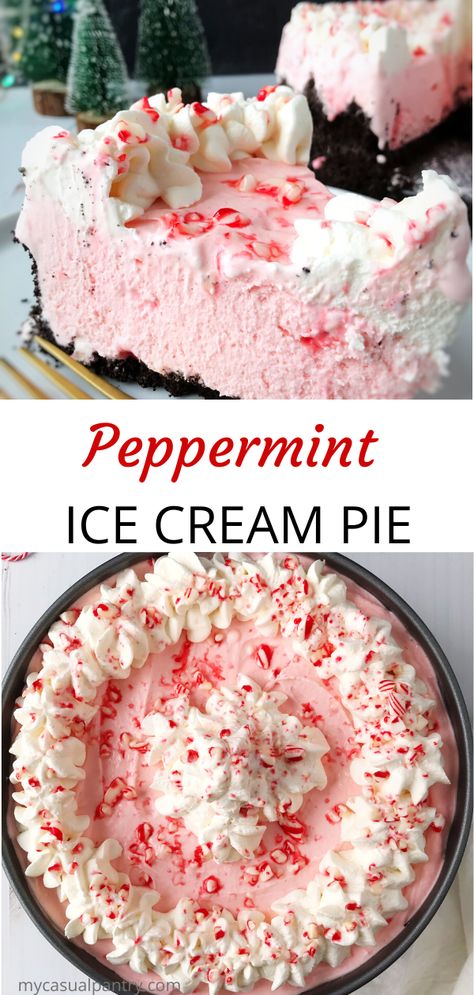 Peppermint Ice Cream Pie - dress up this favorite Christmas ice cream with an Oreo crust and whipped cream decoration.  This easy recipe is fun and festive and perfect for the holidays. | mycasualpantry.com #Christmas #icecream #pie #holidaybaking #sweets #treats #peppermint Peppermint Ice Cream Pie With Oreo Crust, Peppermint Ice Cream Cake, Peppermint Ice Cream Pie, Ice Cream Pie Recipes Easy, Whipped Cream Decoration, Peppermint Ice Cream Dessert, Christmas Ice Cream Desserts, Ice Cream Pie Recipes, Candy Cane Ice Cream