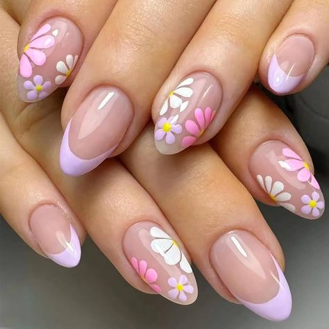 24Pcs Short Almond Press on Nails Purple French Tip Fake Nails Colorful Flowers Daisy Full Cover Stick on Nails Nude Pink Press Ons Flower False Nails Spring Summer Nail Designs for Acrylic Nails -  #24Pcs #Acrylic #almond #Colorful #cover #Daisy #Designs #Fake #False #Flower #Flowers #french #Full #Nail #Nails #Nude #ons #pink #Press #Purple #Short #Spring #Stick #Summer #Tip Nails Purple French Tip, Nails Purple French, Designs For Acrylic Nails, Purple French Tip, French Tip Fake Nails, Pink French Tip Nails, Diy Nail Art Tools, Purple French, Pink French Tip