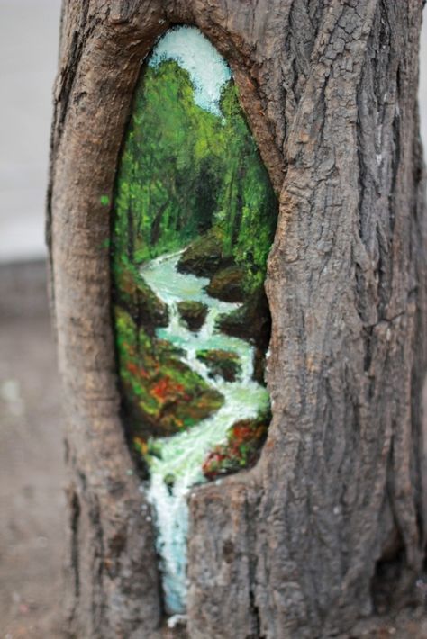 Tree Hole, Street Trees, Quotes Ideas, 3d Street Art, Drawing Faces, Driftwood Art, Street Art Graffiti, Outdoor Art, Land Art