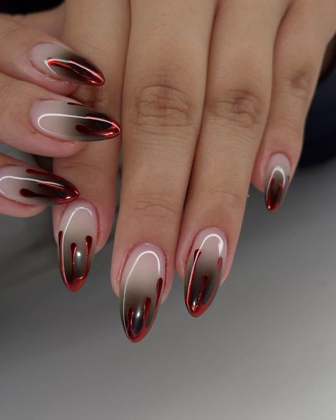 👹👹👹 #nails #nailart #naturalnails #nailsoftheday #nailsofinstagram #longnails #nailinspo #structuredmanicure #chicago… | Instagram October Nails Halloween Ideas, Horror Nail Art Short, Chrome Blood Nails, The Craft Nails, Punk Nail Ideas, Vampire Themed Nails, Nail Drip Design, Black Sheer Nails, Micheal Myers Nail Designs