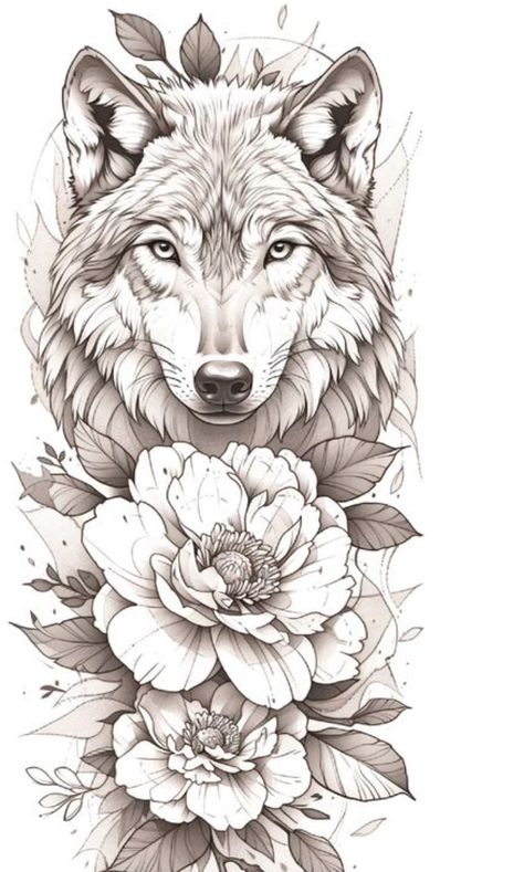 Wolf And Flowers Tattoo, Insects Reference, Wolf Tattoos For Women, Tattoo Coverup, Flower Tattoo Drawings, Cute Tats, Stencil Outline, Wolf Tattoo Design, Leg Tattoos Women