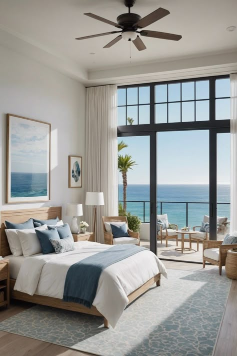 Contemporary Beach Bedroom, Coastal Contemporary Bedroom, Resort Bedroom, Beach Hotel Room, Window Seat Ideas, Coastal Bedroom Ideas, Coastal Ideas, Light Blue Bedroom, Cozy Window Seat