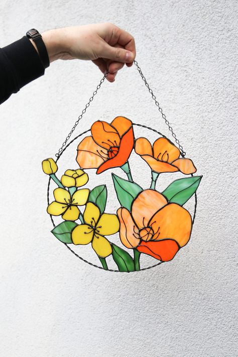 Stained Glass Home, Cottage Core Art, Wall Hanging Lights, California Poppies, Garden Window, Rainy Day Crafts, Glass Home Decor, Mothers Day Decor, Home Decor Garden