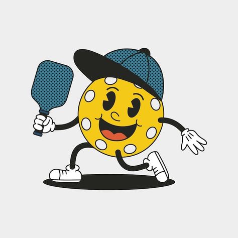 Pickle Ball Logo Design, Ball Cartoon, Pickleball Funny Cartoons, Ball Character, Cap Illustration, Tennis Cartoon, Pickleball Illustration, Pickleball Design, Pickle Ball