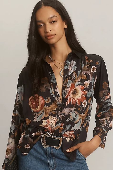 Women's Tops, Blouses, Tees and Tanks | Anthropologie Boho Rocker Chic Style, Floral Shirt Outfit, Boss Lady Outfit, Anthropologie Clothing, Silky Shirt, Anthropologie Style, Floral Long Sleeve Shirt, Petite Tops, Peasant Blouse