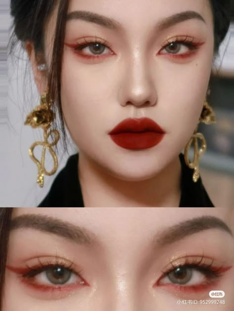 Eyeshadow Looks With Mascara, Japanese Red Eye Makeup, Lower Liner Make Up, Red Eyeshadow Douyin, Vampire Makeup Hooded Eyes, Triple Eyelid Makeup, Red Asian Makeup, Douyin Valentine Makeup, Chinese New Year Makeup Look