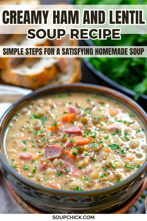 Creamy Ham and Lentil Soup Scottish Ham And Lentil Soup, Lentil Ham Hock Soup, Ham And Red Lentil Soup, Ham Lentil Soup Crockpot, Lentils And Ham Soup, Ham And Lentil Soup Recipes, Lentil Ham Soup Recipe, Ham Based Soup Recipes, Ham And Lentil Soup Crockpot