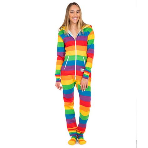 Here's how to take footie pajamas to the next level. Rainbow Jumpsuit, Hair Rainbow, Hoodie Jumpsuit, Rainbow Socks, Tipsy Elves, Rainbow Outfit, Pride Outfit, Striped Hoodie, Rainbow Pride