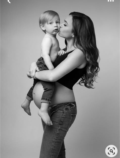 Studio Maternity With Family, Madi Nelson Maternity Photos, Crop Top Maternity Pictures, Mom And Me Maternity Shoot, Pregnant Mom And Son Photos, Mom Son Maternity Photos, Pregnancy And Toddler Photos, B&w Maternity Photos, Maternity Sibling Photos