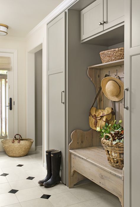 Here are 10 unique ways to incorporate the elegant color throughout your house. Traditional Laundry Room, Cream Kitchen Cabinets, Mudroom Entry, Mudroom Cabinets, Mudroom Makeover, Entry Mudroom, Mudroom Laundry Room, Farmhouse Entryway, Mudroom Ideas