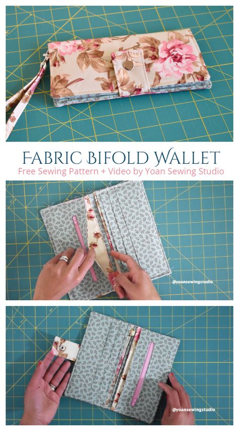 DIY Fabric Bifold Wallet Free Sewing Pattern + Video | Fabric Art DIY Small Fabric Purse Patterns, Free Bifold Wallet Pattern, Free Wallet Sewing Patterns Tutorials, Wallet Ideas Diy, Fabric Bifold Wallet Pattern Free, Quilted Wallet Pattern Free, Diy Sew Wallet, Fabric Wallet Diy, Sewing A Wallet