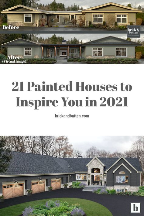 21 Painted Houses to Inspire You in 2021 Tan House Exterior, Old House Exterior, Painted Brick Exteriors, Tan House, Painted Houses, Exterior House Renovation, Ranch House Exterior, Painted Brick House, Farmhouse Trends