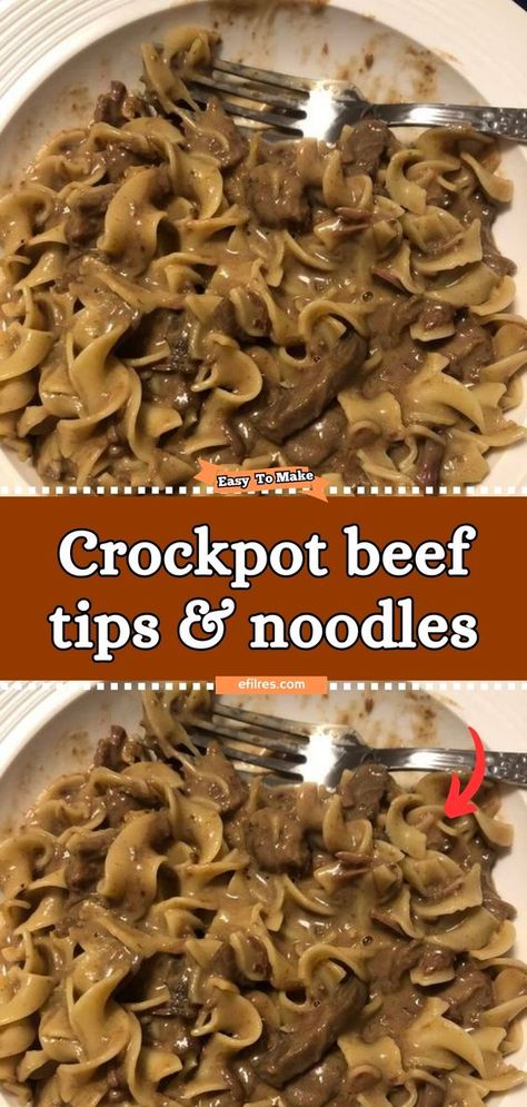 Embrace the ease and comfort of Crockpot Beef Tips & Noodles, a dish that promises tender, flavorful beef in a rich gravy, served over a bed of soft noodles. Let your crockpot do the work as the beef tips slow-cook to perfection, absorbing a symphony of flavors that make this dish a comforting classic. It's the perfect meal for a cozy evening, promising satisfaction with every bite. #SlowCookedDelight #ComfortFoodClassic #BeefTipsBliss Crockpot Recipes Beef And Noodles, Beef Tips Cream Of Mushroom Crock Pot, Slow Cooker Beef And Noodles Crockpot Recipes, Comfort Food In Crockpot, Beef Tip And Noodles Crock Pot, Beef Tips With Noodles Recipe, Beef Tips And Noodles Crock Pot Recipes, Beefy Noodles Crockpot, Roast And Noodles Crockpot