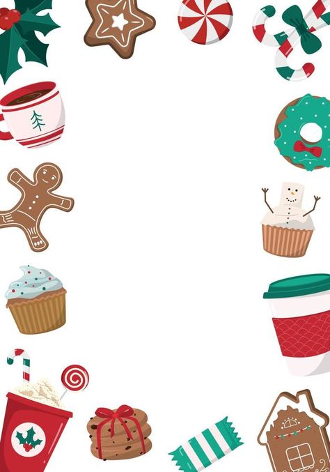 Cute Christmas frame with hot drinks, gingerbread cookies, and cupcakes on white background. Winter holidays, for kids, treats, New Year, Christmas market. Greeting card, banner Poster Natal, Christmas Stickers Printable, Christmas Phone Backgrounds, Christmas Card Background, Christmas Poster Design, Kids Treats, Background Winter, Christmas Card Illustration, Holiday Hack