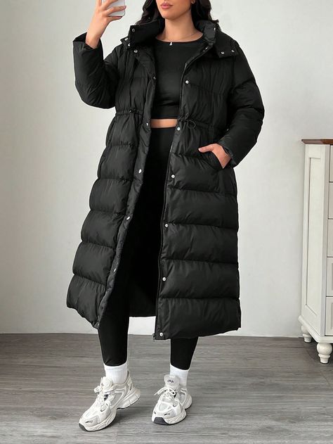 Plus Size Black Hooded Long Drawstring Waist Coat, Autumn/Winter Black Casual  Long Sleeve Woven Fabric Plain Puffer Non-Stretch  Women Plus Clothing, size features are:Bust: ,Length: ,Sleeve Length: Long Puffer Jacket Outfit, Puffer Jacket Outfit, Long Puffer Jacket, Coat Autumn, Waist Coat, Sport Tights, Long Puffer, Plus Size Black, Jumpsuit With Sleeves