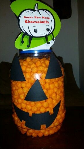 Guess how many cheeseballs? Halloween Guessing Jar Ideas, Halloween Guess How Many Jar, Halloween Estimation Jar Ideas, Jar Guessing Game Ideas, Halloween Guessing Game Jars, Candy Corn Guessing Jar, Guess Candy In Jar Game, Guessing Jar, Halloween Counting