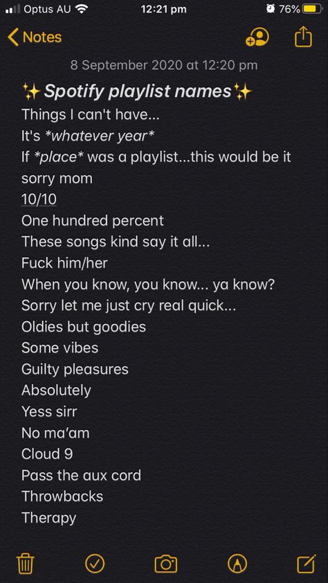 *these are my own ideas from some of my playlist names* if you like some of these or want to see more tag me or something :) Playlist Names For Different Genres, Things To Name Playlists, Playlist Names For English Songs, Random Songs Playlist Names, Self Love Playlist Name Ideas, Ex Playlist Names, Good Vibes Playlist Names, Names For A Playlist, Name For Playlist Ideas