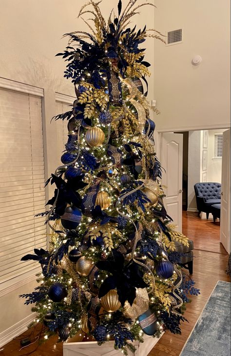 Navy Blue Tree Christmas, Silver Gold Blue Christmas Tree, Silver Gold And Blue Christmas Tree, Manly Christmas Tree, Navy Blue Christmas Tree Color Schemes, Navy Blue And Gold Christmas Tree, Christmas Tree With Blue Decorations, Royal Blue Christmas Tree, Navy And Gold Christmas Tree