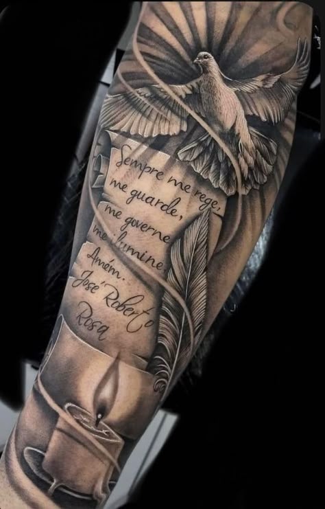 Family Sleeve Tattoo, Religious Tattoo Sleeves, Tattoo Stamps, Tattoo Homme, Family Tattoos For Men, Half Sleeve Tattoos Forearm, Christian Sleeve Tattoo, Brush Tattoo, Sleeve Tattoo Ideas