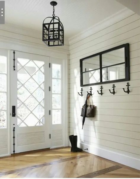 Farmhouse Foyer Entryway, Ceiling Beadboard, Front Door With Glass, Cottage Entryway, Single Front Door, Farmhouse Foyer, Beadboard Wainscoting, Shiplap Ceiling, Shiplap Walls