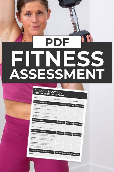 Measure your current level of fitness and track your progress with this FREE Fitness Assessment PDF! I have designed a fitness test with specific metrics to assess your strength, endurance, flexibility and mobility. Complete this fitness test, then use the results to set fitness goals and track your progress. Fitness Assessment Workout, 7 Day Abs, Strength Training Workouts For Women, Training Workouts For Women, Fitness Assessment, Beginner Workout Video, Barre Workout Video, Pregnancy Workout Videos, Hiit Workout Videos