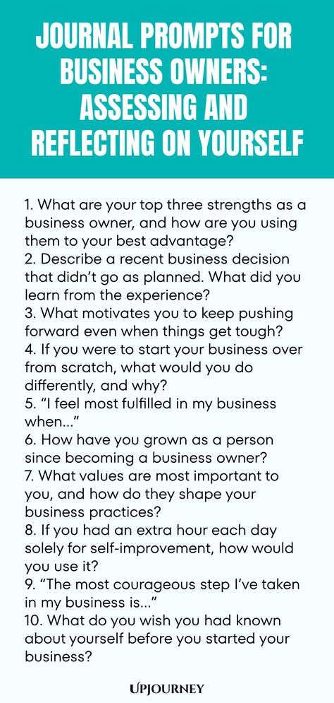 Discover a collection of thought-provoking journal prompts tailored for business owners. Dive into self-assessment and reflection to gain valuable insights into your journey as an entrepreneur. Uncover areas for growth, identify strengths, and set actionable goals with these prompts. Empower yourself by taking the time to evaluate and analyze your progress and mindset in your business endeavors. Elevate your self-awareness and fine-tune your entrepreneurial path through introspection with these Identify Strengths, Work Etiquette, Psychology Terms, Relationship Quizzes, Journal Questions, Happiness Journal, Running A Business, Financial Strategies, Life Questions