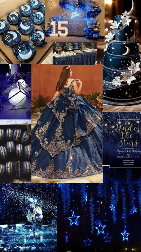 Themes For Quinceanera, Blue Sweet 16 Theme, Midnight Blue Quince, Navy Blue Quinceanera Ideas, Under The Stars Quinceanera Theme, Navy Blue Sweet 16, Black Quinceanera Theme, Royal Blue Quinceanera Theme, Quince Royal Blue