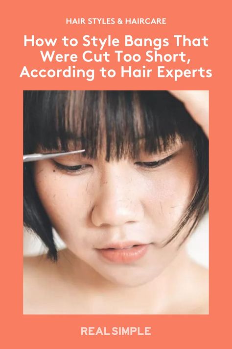 We asked hairstylists how to style short bangs that were cut too short, including hair accessories for bangs and techniques that fake longer length. #beautytips #bangs #hairstyles #hair How To Style Messed Up Bangs, Style Short Bangs How To, How To Fix Messed Up Bangs, Bad Bangs Fix, How To Style Too Short Bangs, How To Style Short Bangs To The Side, Bangs Too Short Fix, How To Hide Bangs That Are Too Short, How To Style Bad Bangs