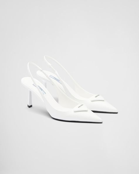 White Brushed leather slingback pumps | Prada Prada Wedding Shoes, Heels White Background, Prada High Heels, Carolyn Bessette, Prada Heels, Prada Shoes Heels, Prada Women, Shoes Prada, Designer Pieces