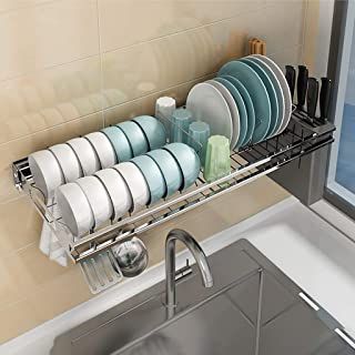 Kitchen Drying Rack Ideas Space Saving, Wall Mounted Dish Drying Rack, Wall Mounted Drying Rack Kitchen, Kitchen Rack Organization, Tiny Cabin Kitchen, Wall Mounted Dish Rack, Countertop Styling, Kitchen Sink Drying Rack, House Gadgets