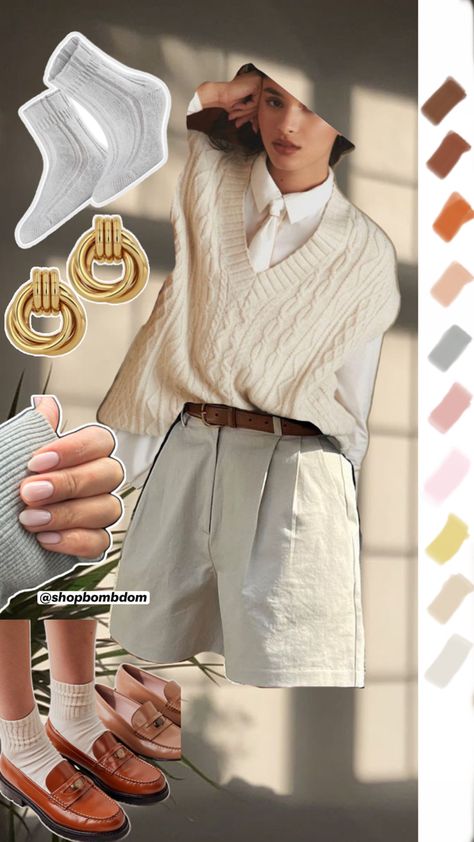 Outfit collage, neutral aesthetic outfit, quiet luxury outfit, casual outfit, light academia outfit, khaki shorts, cable knit sweater, sweater vest, cream sweater outfit, cognac loafers, brown loafers, opi bubble bath nail polish, white knit socks, gold hoop earrings Light Brown Loafers Outfit, Bubble Bath Nail Polish, Cognac Loafers, Quiet Luxury Outfit, Neutral Aesthetic Outfits, Cream Sweater Outfit, Nail Polish White, Light Academia Outfit, Opi Bubble Bath