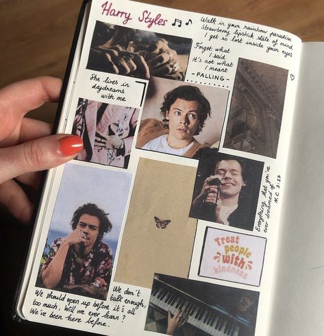 Harry Styles Notebook Ideas, Harry Styles Journal Aesthetic, Harry Styles Scrapbook Ideas, Harry Styles Journal Page, Harry Styles Journal Ideas, Harry Styles Scrapbook, One Direction Journal, Harry Styles Journal, Moodboard Journal